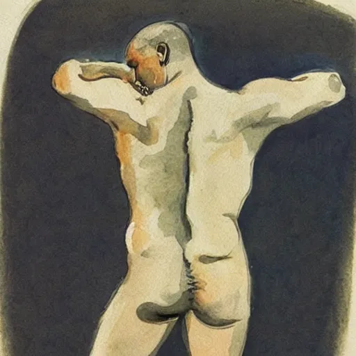 Prompt: the lower back of a beautiful man. watercolor drawing by pablo picasso.