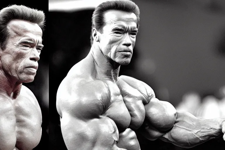 Prompt: arnold schwarzenegger with tiny shriveled arms