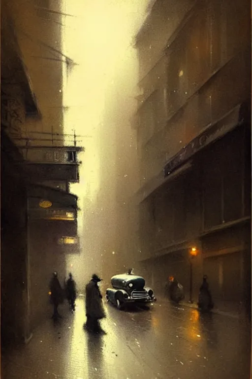 Image similar to (((((1950s london street at night with dramatic lighting. muted colors.))))) by Jean-Baptiste Monge !!!!!!!!!!!!!!!!!!!!!!!!!!!