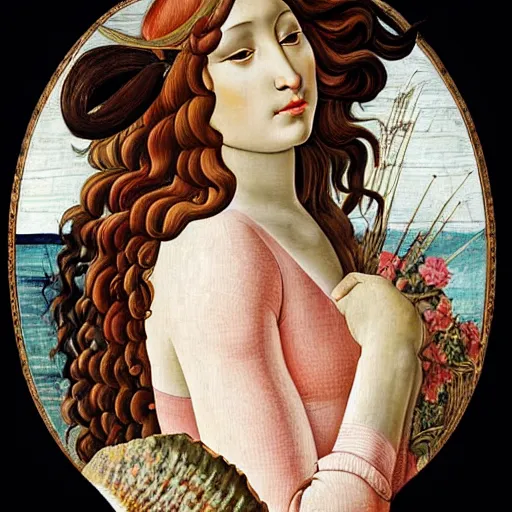 Image similar to an ultradetailed mythological oil painting of a beautiful woman with long brown hair, full body, wearing pink floral chiton, sleeping on a giant scallop shell, near the seashore, intricate lines, elegant, renaissance style, by sandro botticelli