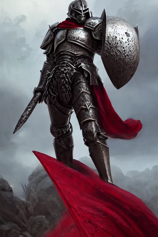 Prompt: evil ultrarealistic massive giant iron knight with red cape, large metal helm bladed iron mantle etched iron armor, bone wastes, fantasy character portrait, octane render, extreme intricate metal details, cinematic lighting, volumetric lighting, ultra wide angle, artstation, dnd art, cgsociety, sharp focus, digital painting by artgerm, gerald brom, wlop