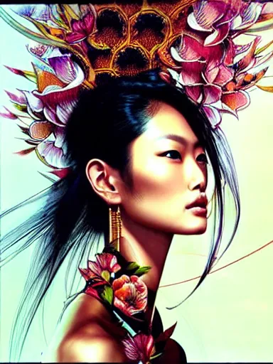 Image similar to a portrait of asian supermodel with a floral background by karol bak, artgerm, moebius, yoji shinkawa : : portrait, illustration, photorealism, hyperrealism, graffiti