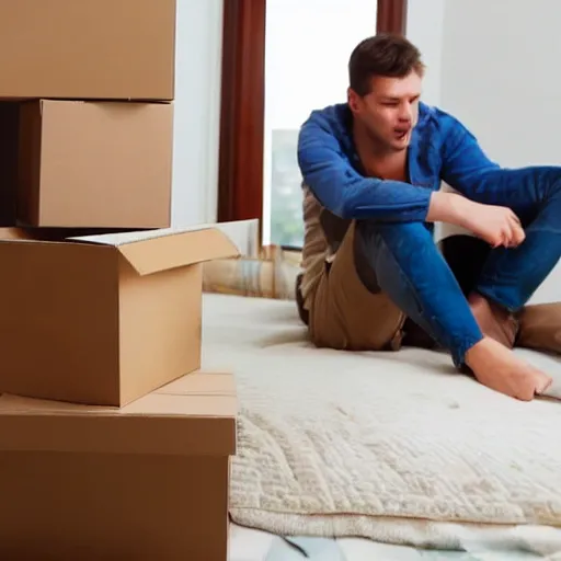 Prompt: moving day disaster. photo of man with long light brown hair throwing up all over himself