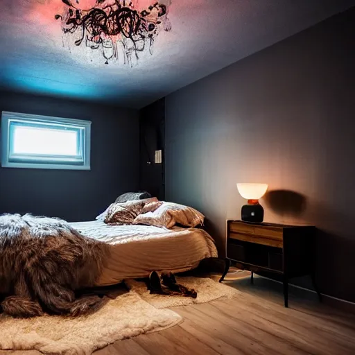 Prompt: cosy modern bedroom, dramatic colored lighting, mysterious ambiance : : gregory crewdson photo style : : nikon d 8 1 0, ƒ / 2. 5, focal length : 8 5. 0 mm, exposure time : 1 / 8 0 0, iso : 2 0 0