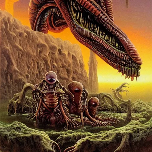 Prompt: alien creatures eating by a river, magical world, Artwork by Richard Corben + Mark Arian + Wayne Barlowe + Boris Vallejo + Julie Bell + Zdzisaw Beksinski + Ed Binkley + Mark Brooks + Jean Delvil