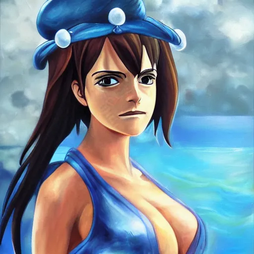 Prompt: beautiful emma watson cosplay as nami from one piece, oil painting.