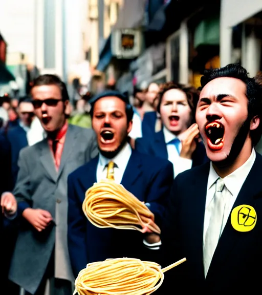 Image similar to man in a suit with spaghetti face screaming in a crowd in san - francisco, film photography, direct flash, kodak portra 4 0 0,