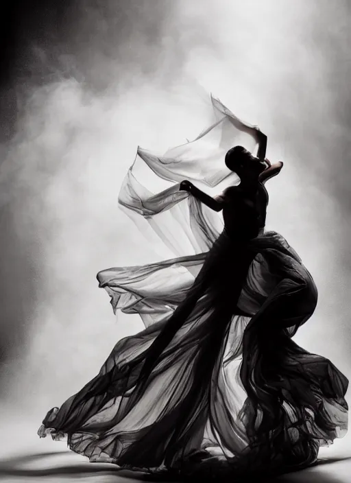 Image similar to a Photorealistic dramatic hyperrealistic render of a beautiful Female smoke dancer by Ken Brower and Deborah Ory of NYC Dance project,Lois Greenfield,Flowing cloth and smoke,Beautiful dynamic dramatic dark moody lighting,volumetric,shadows,cinematic atmosphere,Octane render,8K