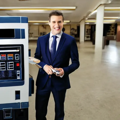 Prompt: happy man in a suit with machine that throws money