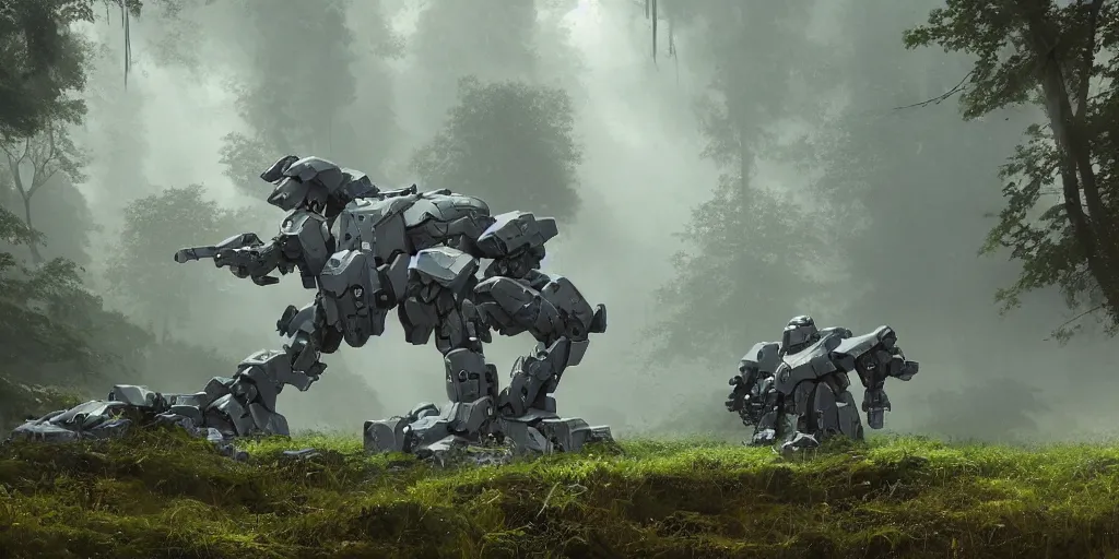 Image similar to concept art of heavy mecha trooper, trees, puddles of water, bushes and leafs, by filip hoda, beeple, greg rutkowski, octane render, cryengine, details, hyper realistic