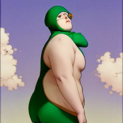 Image similar to a fat male pigeon in a green onepiece body suit, by Range Murata and Mucha