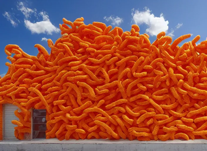 Image similar to a house with walls of cheetos, award winning photography, trending on artstation, highly detailed