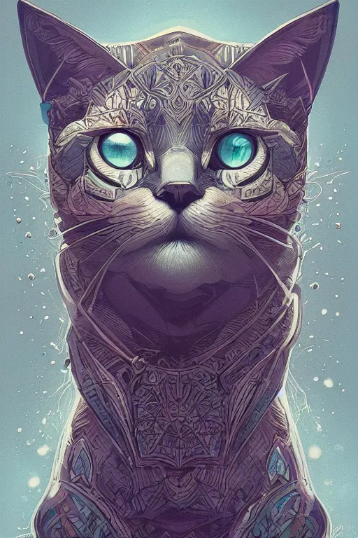 Prompt: geometric cat portrait, identical eyes, medium shot, fantasy, illustration, detailed line work, symmetrical, acid vintage color palette, artstation, hyper detailed, cinematic lighting, incredibly detailed and intricate, ornate, by peter mohrbacher