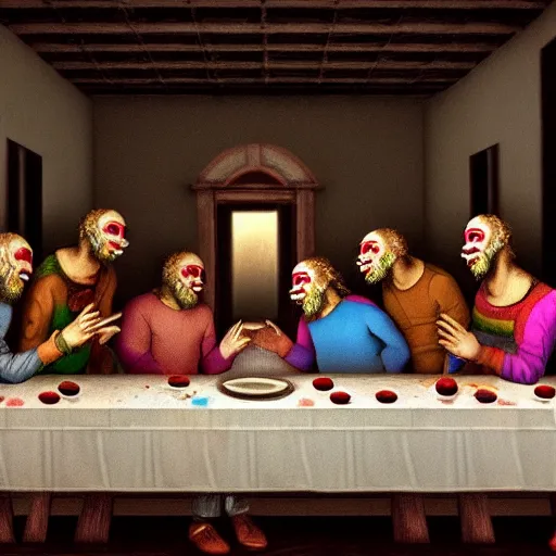 Image similar to last Supper of clowns, high quality, hyperdetalied,artstation,8K,