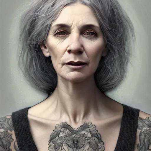 Prompt: portrait of a middle aged artsy woman, grey hair, tattoo, avangarde, unique, artistic soul, nature, plants, wool, upper body, long hair, intricate, elegant, highly detailed, digital painting, artstation, concept art, matte, sharp focus, illustration, art by artgerm and greg rutkowski and alphonse mucha