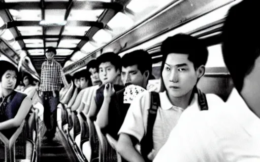 Image similar to Filipino college students ride a train, film still, ethereal, rule of thirds by Iwai Shunji