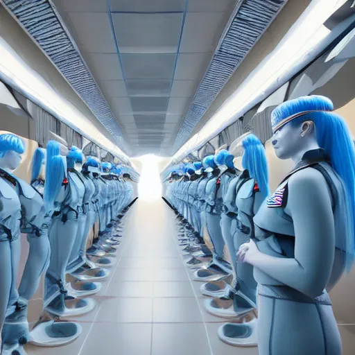 Image similar to troop of cloned women with white apache hairdos, white hair, tight light blue neopren suits, futuristic production facility, sci - fi, highly detailed, cinematic