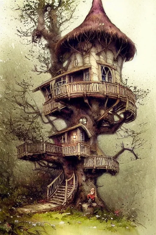 Image similar to (((((1950s fairy tale cottage tree house castle . muted colors.))))) by Jean-Baptiste Monge !!!!!!!!!!!!!!!!!!!!!!!!!!!