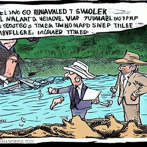 Prompt: a river swallowed by a politician, political cartoon