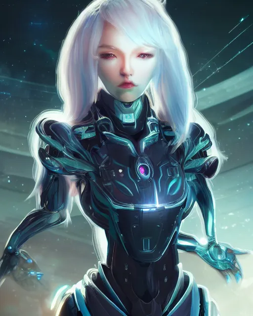 Image similar to perfect android girl on a mothership, warframe armor, beautiful face, scifi, futuristic, galaxy, nebula, raytracing, dreamy, long white hair, blue cyborg eyes, sharp focus, cinematic lighting, highly detailed, artstation, divine, by gauthier leblanc, kazuya takahashi, huifeng huang