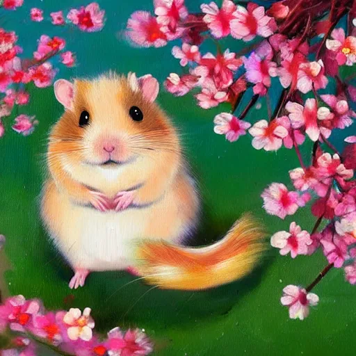 Image similar to beautiful oil painting of a hamster sitting in a colorful wide field full of cherry blossoms, artstation, high details