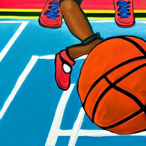 Image similar to a painting of a kid playing basketball, close up, action shot