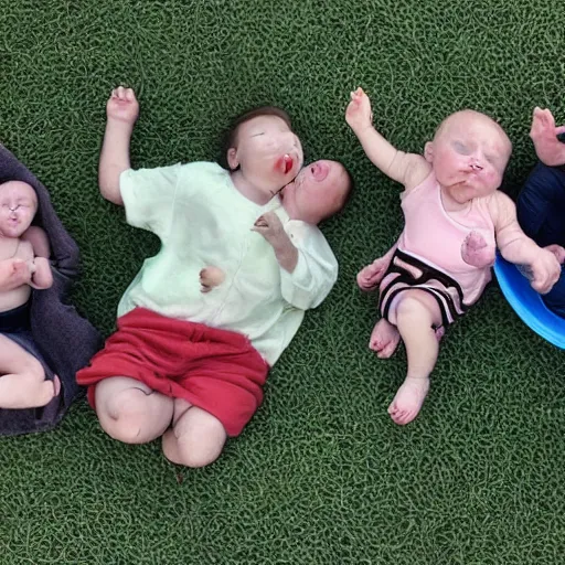 Image similar to playground nap - time with baby voldemort and baby harry potter and baby yoda and baby groot and baby mando and baby gummi bear, block party.