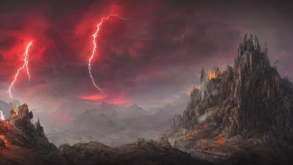 Image similar to evil wizard temple sitting on a cliff near snowy mountains with fire and smoke burining in the background, lightning strikes, volumetric lightning by eugene von guerard, ivan shishkin, dramatic lighting, concept art, trending on artstation, 8 k