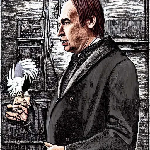 Prompt: saul goodman and a rooster in a medieval torture chamber, saw blades and knives in the background, horror movie, saul goodman, rooster, real life photo, detailed face