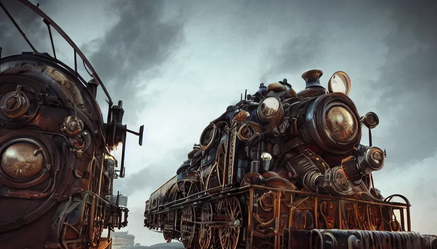 Image similar to steampunk locomotive, cinematic, low angle, dramatic lighting, artstation, cgsociety, octane render, blue leds