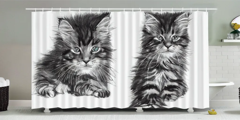 Image similar to shower curtain product catalog. on the curtain is a watercolor with ink under drawing of a maine coon kitten. wide - angle product photography, product lighting. 4 k, highly detailed. saturated.