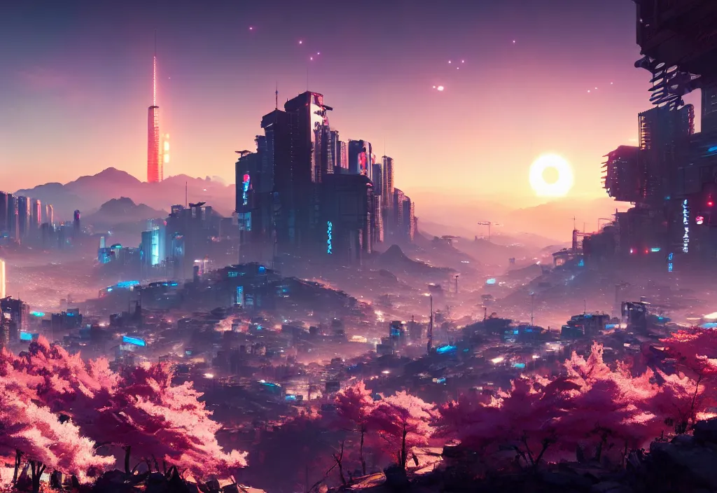 Prompt: sakura lit by the sun stands on a mountain from behind cyberpunk city, cyberpunk 2 0 7 7, city, cinematic view, concept art, high detail, 4 k, by jordan grimmer, art greg rutkowski