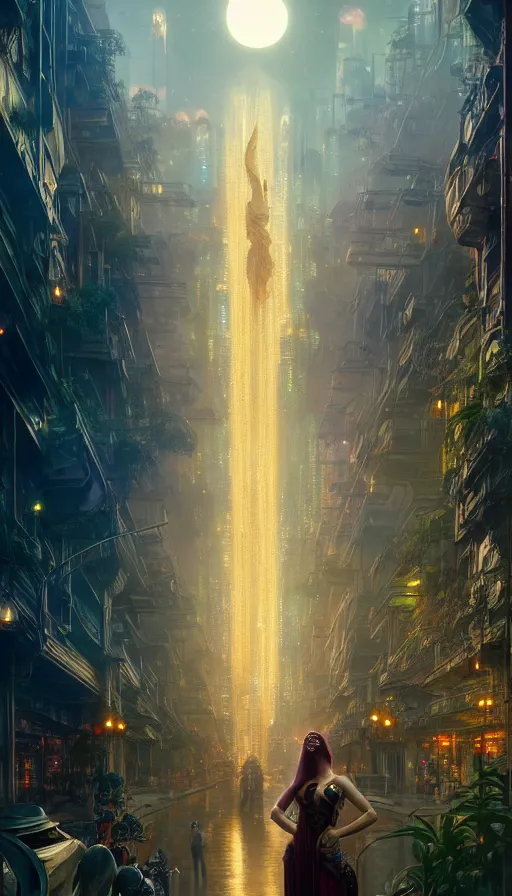 Image similar to golden goddess looking at a hyper realistic cyberpunk city, crowded market street overtaken by lush plants, kittens, full moon, light rays, gnarly trees by tom bagshaw, mucha, gaston bussiere, craig mullins, j. c. leyendecker 8 k