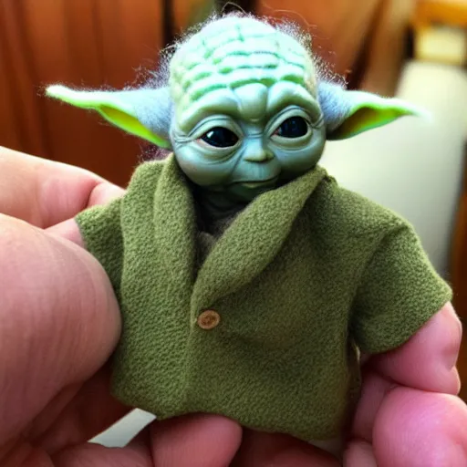 Prompt: baby yoda figurine made out of wool highly detailed, photorealistic