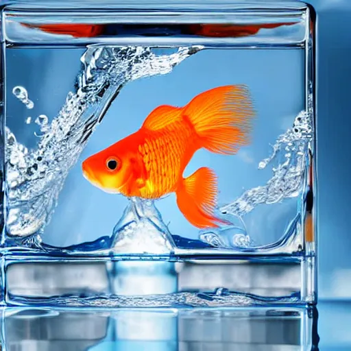 Image similar to a goldfish swimming inside a cube made of water looking at its reflection on the side of the cube