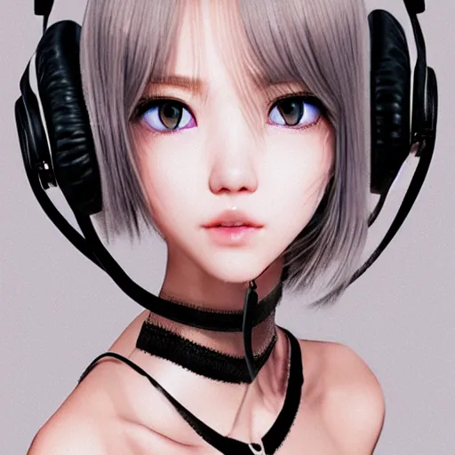 Image similar to realistic detailed semirealism beautiful gorgeous natural cute excited happy Blackpink Lalisa Manoban white hair white cat ears blue eyes, wearing black camisole outfit, headphones, black leather choker artwork drawn full HD 4K high resolution quality artstyle professional artists WLOP, Aztodio, Taejune Kim, Guweiz, Pixiv, Instagram, Artstation