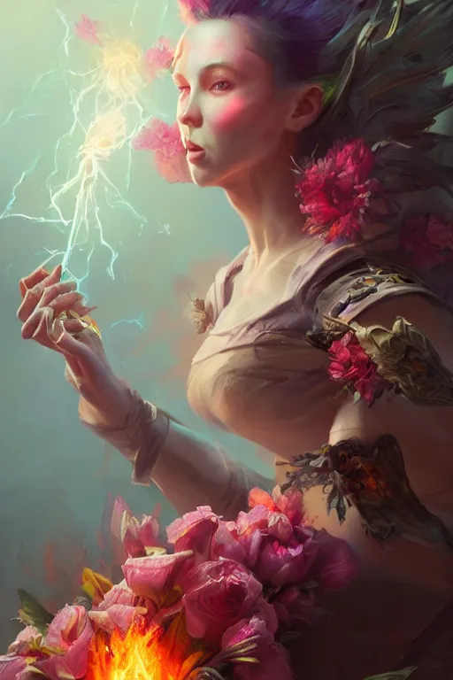 Image similar to beautiful girl necromancer, witch - doctor exploding into flowers, angels, 3 d render, hyper - realistic detailed portrait, holding fire and electricity rainbow, ruan jia, wlop. scifi, fantasy, magic the gathering, hyper detailed, octane render, concept art, peter mohrbacher