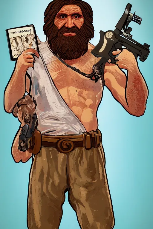 Image similar to saint homo neanderthalis, with book of science, on his right hand, and riffle, on his left hand, violet polsangi pop art, gta chinatown wars art style, bioshock infinite art style, incrinate, realistic anatomy, hyperrealistic, two colors, white frame, 4 k, uhd, remove duplicate content