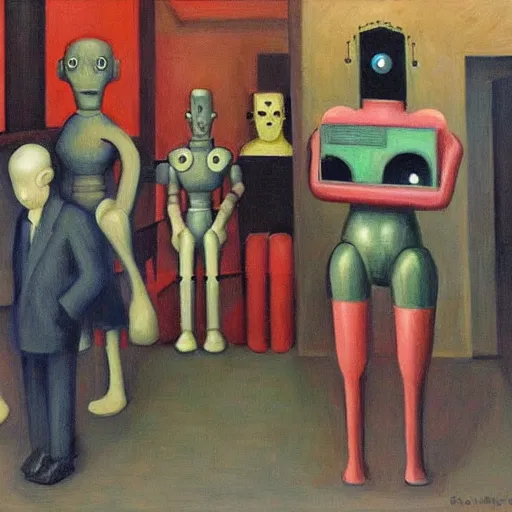 Image similar to robots herding humans, human subjugation, mind control, dystopian, pj crook, edward hopper, oil on canvas