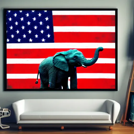 Image similar to elephant yoda as potus American flag, modern art placed in a large living room, art designers magazine HD photo superrealism 3d 8k resolution