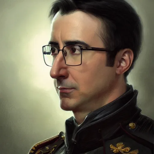 Prompt: portrait of stoic looking john oliver as in the vigo carpathian painting, military uniform, fantasy, intricate, elegant, beautiful, highly detailed, charcoal, centered, dark, smokey, digital painting, artstation, concept art, smooth, sharp focus, illustration, art by artgerm and greg rutkowski and alphonse mucha