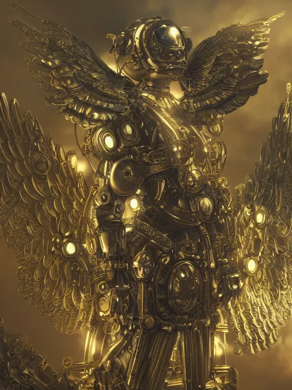 Prompt: steampunk robot angel, big ornamental wings, brass body, intricate, soulless, steampunk city background, sharp focus, highly detailed, cinematic lighting, studio quality, smooth render, unreal engine 5 rendered, octane, rendered, by artgerm, greg rutkowski, alphonse mucha