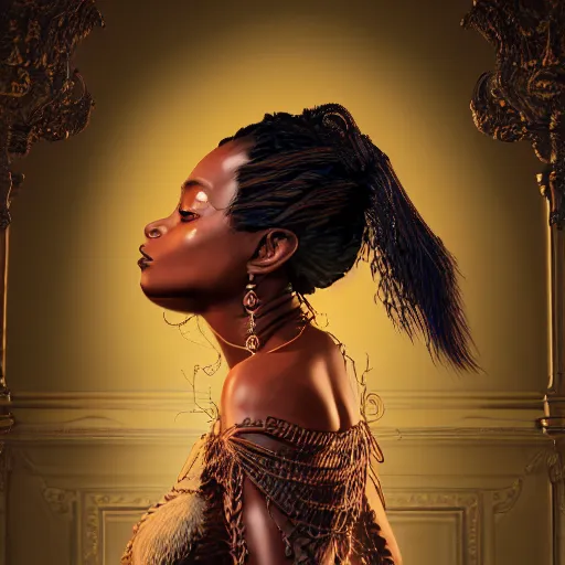 Prompt: the portrait of the absurdly beautiful, graceful, elegant, gorgeous, sophisticated dark - skinned black model goddess, an ultrafine hyperdetailed photograph by kim jung gi, irakli nadar, intricate linework, bright colors, octopath traveler, final fantasy, unreal engine 5 highly rendered, global illumination, radiant light, intricate environment, 8 k