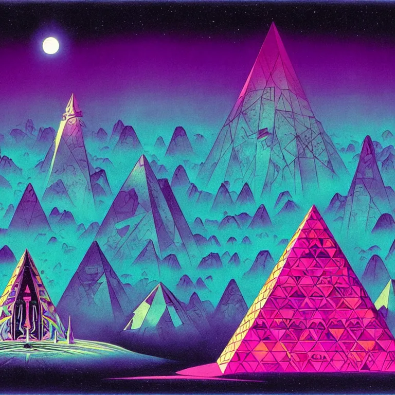 Image similar to mysterious ufo hovers over magical crystal pyramid, pink crescent moon, bright neon colors, highly detailed, cinematic, eyvind earle, tim white, philippe druillet, roger dean, ernst haeckel, lisa frank, aubrey beardsley