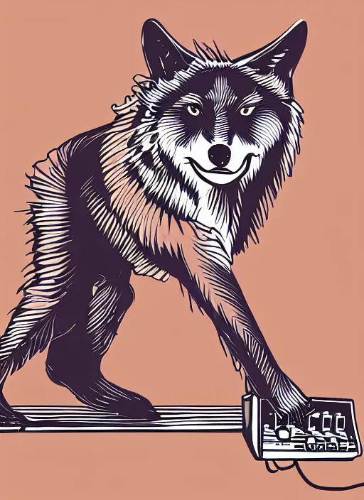 Image similar to digital art of a wolf playing an electric guitar while stepping on the amplifier with one foot.