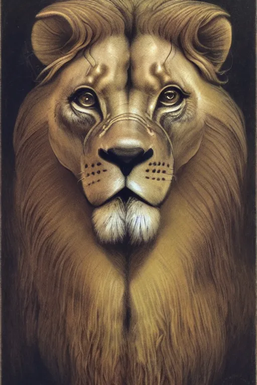 Image similar to portrait of a lion in the style of wayne barlowe, gustav moreau, goward, bussiere, roberto ferri, santiago caruso, luis ricardo falero, austin osman spare