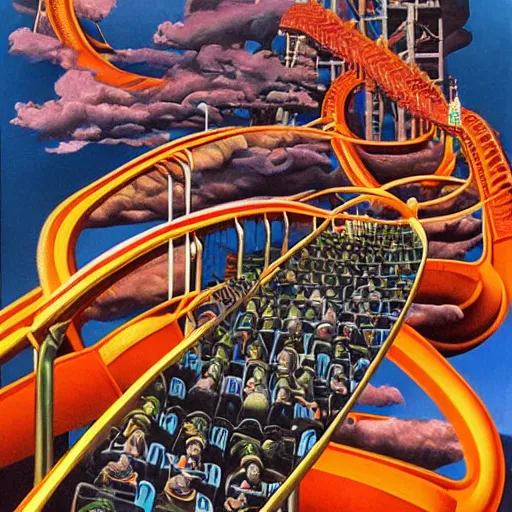 Prompt: a hyperrealistic painting of a futeristic rollercoaster designed to torture its riders by Richard Corben,