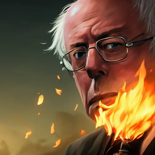 Image similar to portrait of bernie sanders burning money, league of legends amazing splashscreen artwork, splash art, natural light, elegant, photorealistic facial features, intricate, fantasy, detailed face, atmospheric lighting, anamorphic lens flare, cinematic lighting, league of legends splash art, hd wallpaper, ultra high details by greg rutkowski