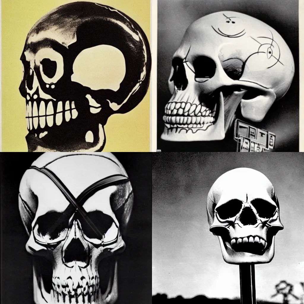 Prompt: promotional photograph of an atompunk skull (1955), retrofuture