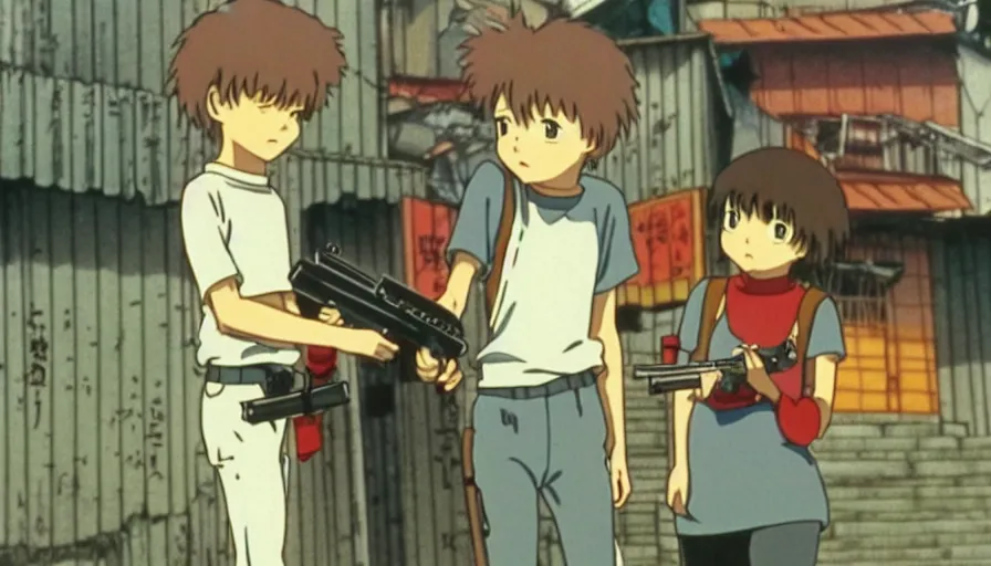 Image similar to 1 9 8 6 anime screencap of a couple with a gun on a rio de janeiro anime, by hayao miyazaki, studio ghibli, beautiful favela background extremely utra high quality artwork 8 k